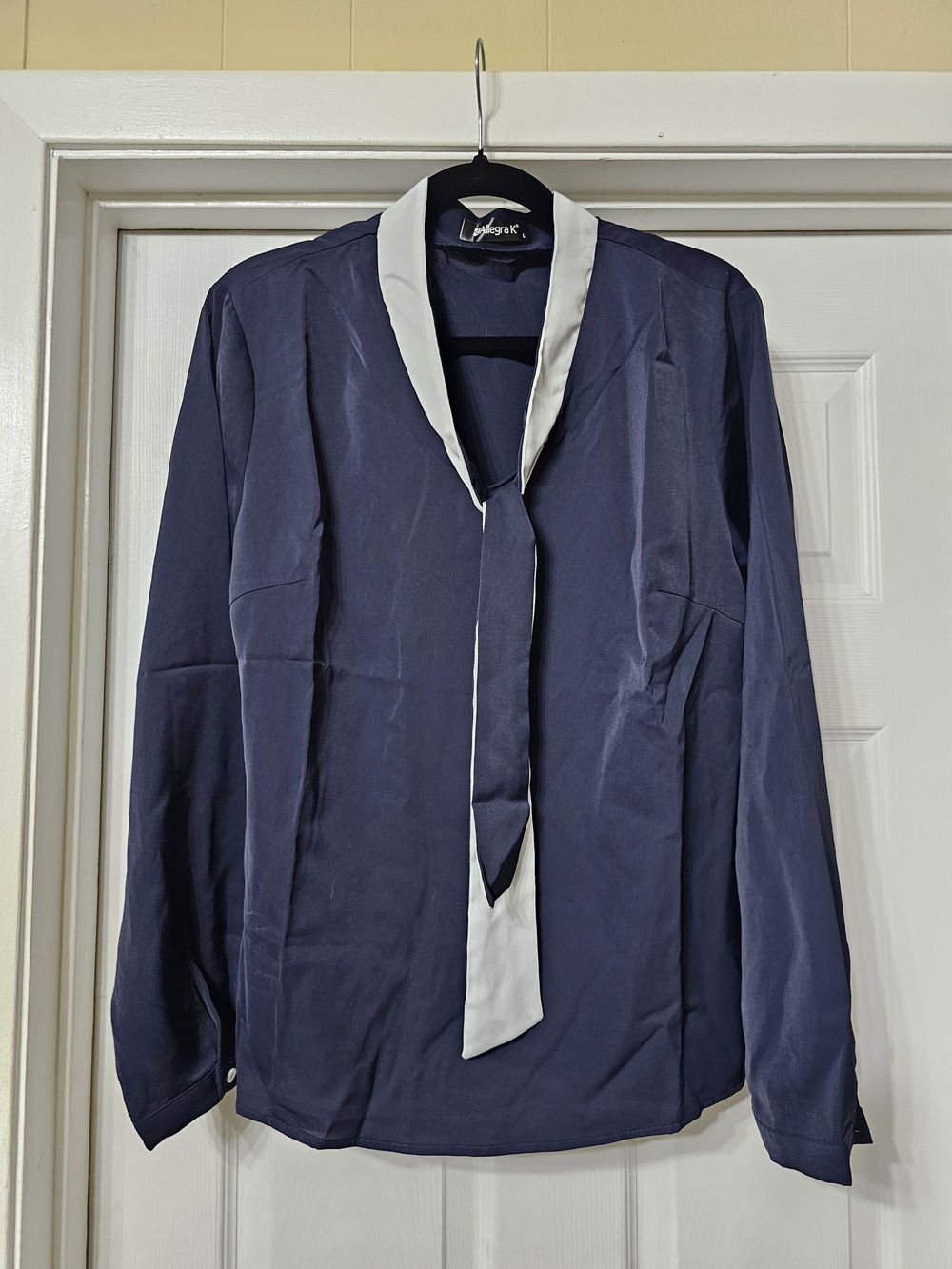 Allegra K Navy Long-Sleeve Tie-Neck Jacket with White Trim